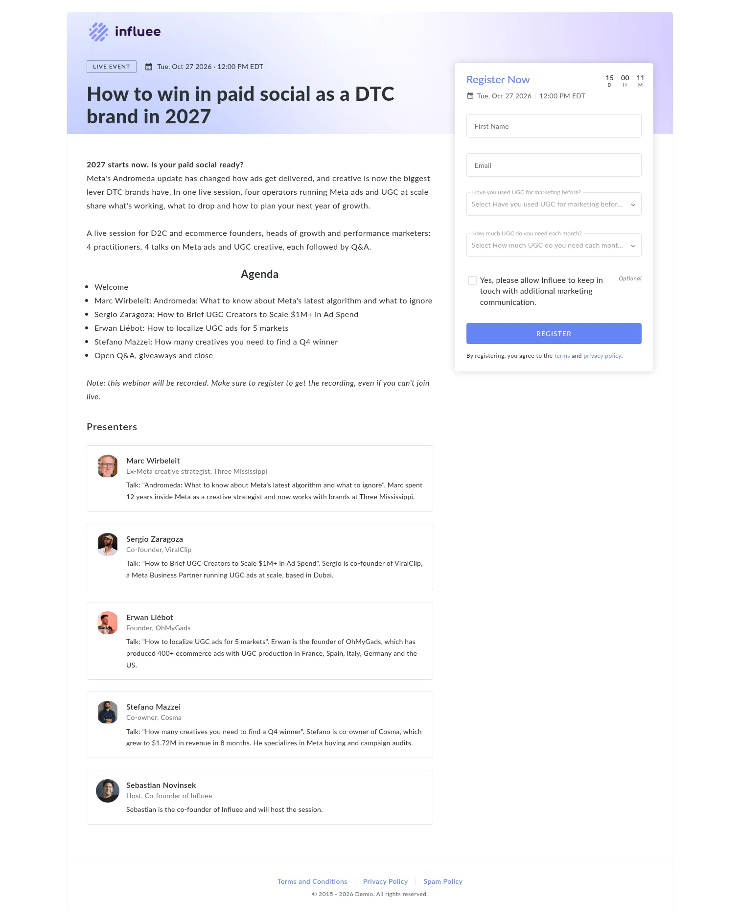 Influee landing page