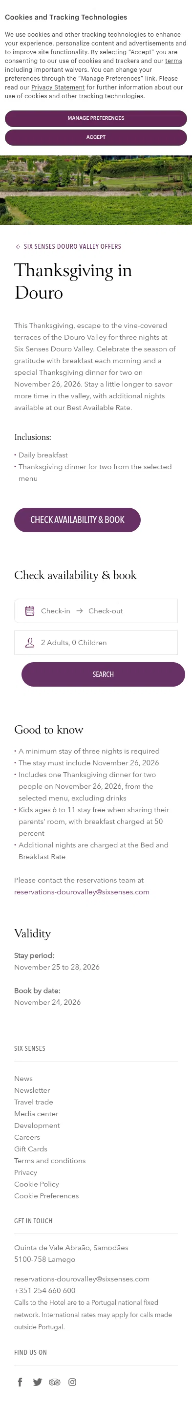 sixsenses.com/en/hotels-resorts/europe/portugal/douro-valley/offers/thanksgiving on mobile, full screenshot
