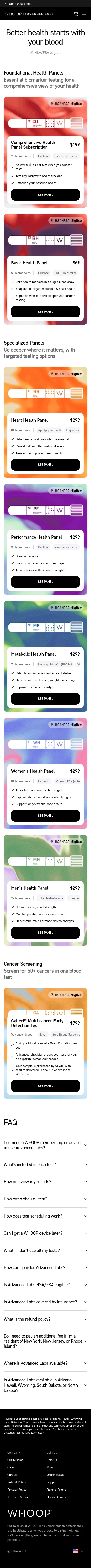 shop.whoop.com/us/en/advanced-labs/panels on mobile, full screenshot