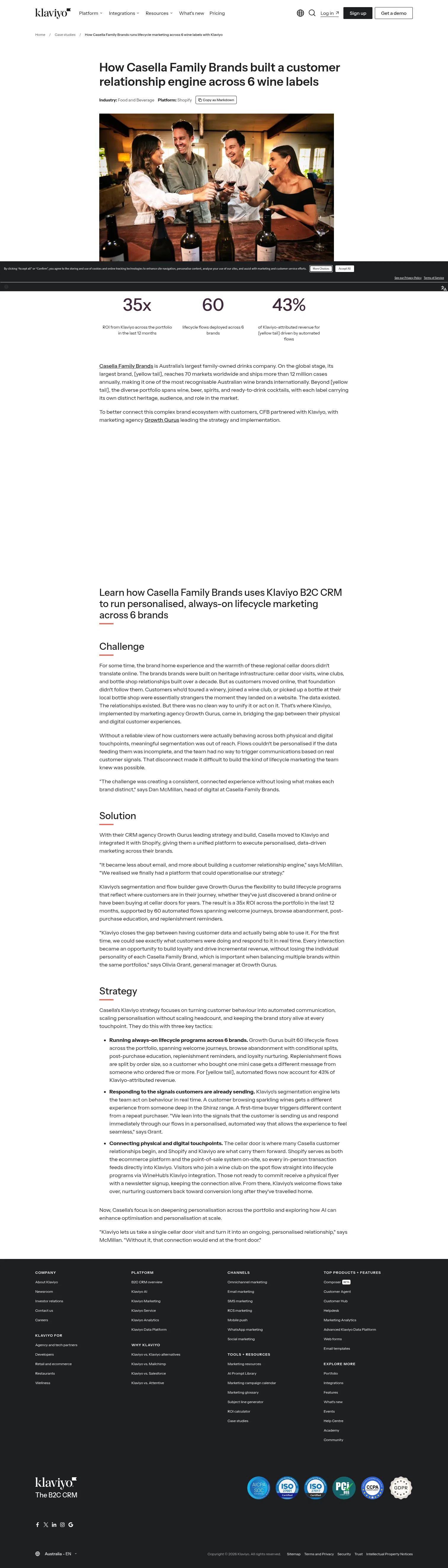 klaviyo.com/au/customers/case-studies/casella-family-brands on desktop, full screenshot