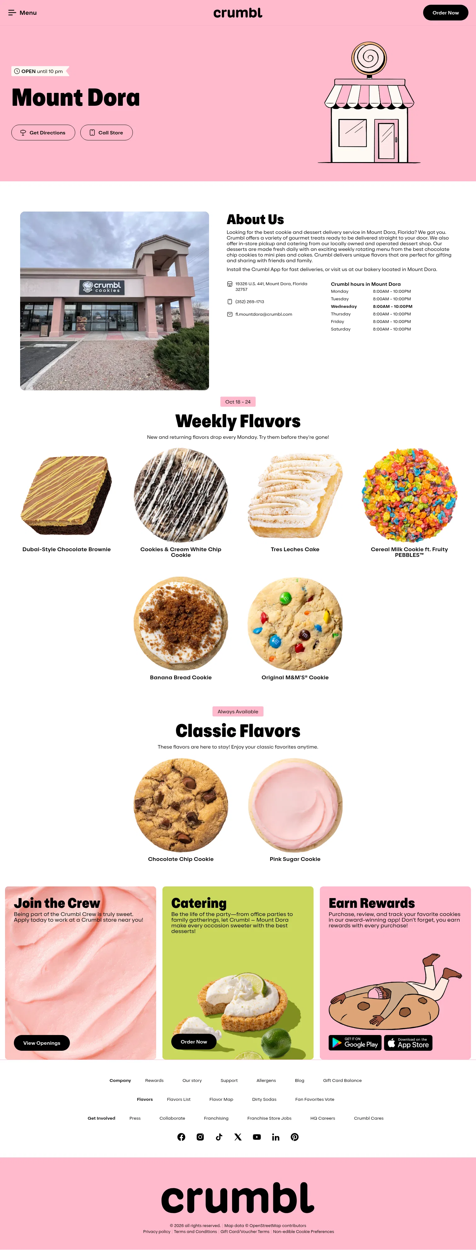 crumblcookies.com/stores/fl/flmountdora on desktop, full screenshot