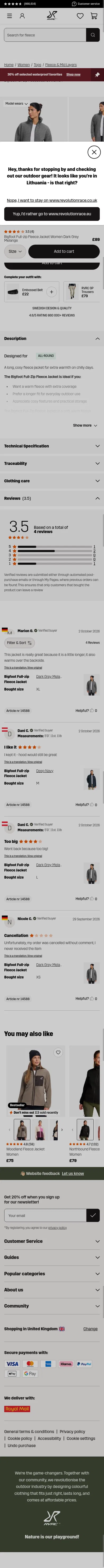revolutionrace.co.uk/women/tops/fleece/bigfoot-full-zip-fleece-jacket-women on mobile, full screenshot