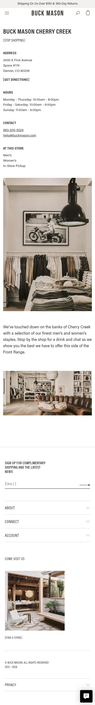 buckmason.com/pages/buck-mason-cherry-creek on mobile, full screenshot
