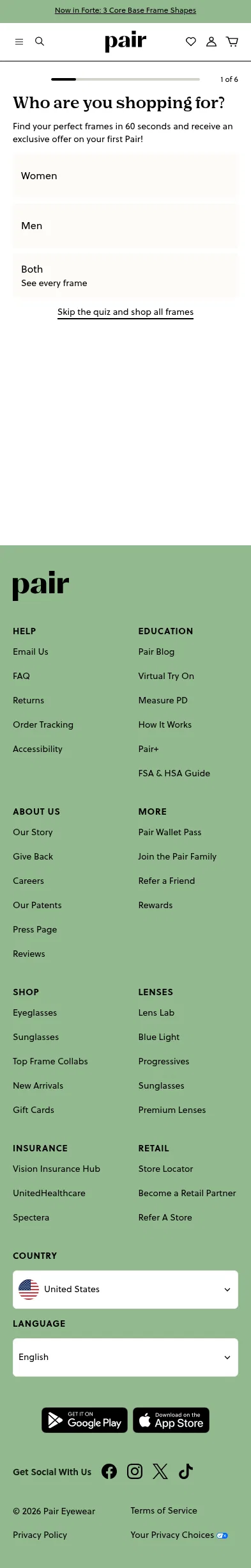 paireyewear.com/pages/find-your-frame on mobile, full screenshot