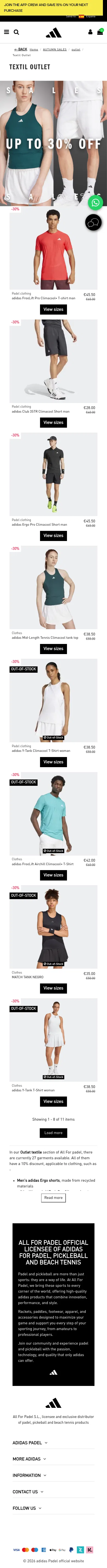 allforpadel.com/en/161-textil-outlet on mobile, full screenshot
