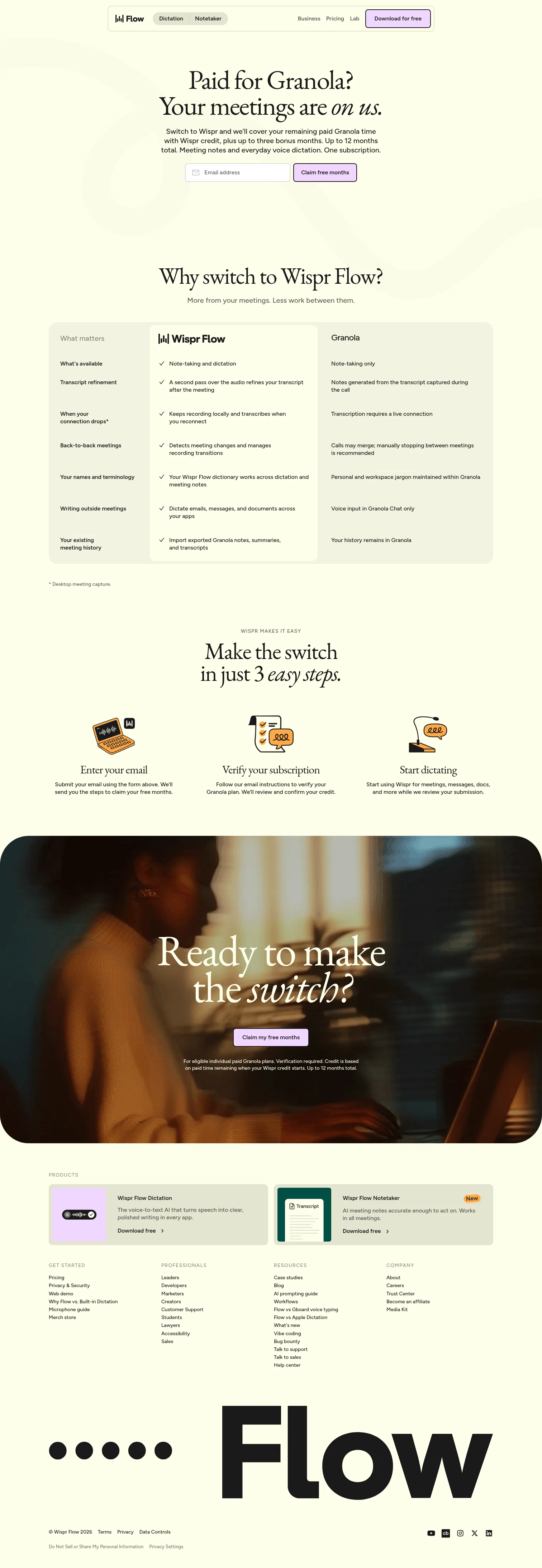 wisprflow.ai/granola-switch on desktop, full screenshot