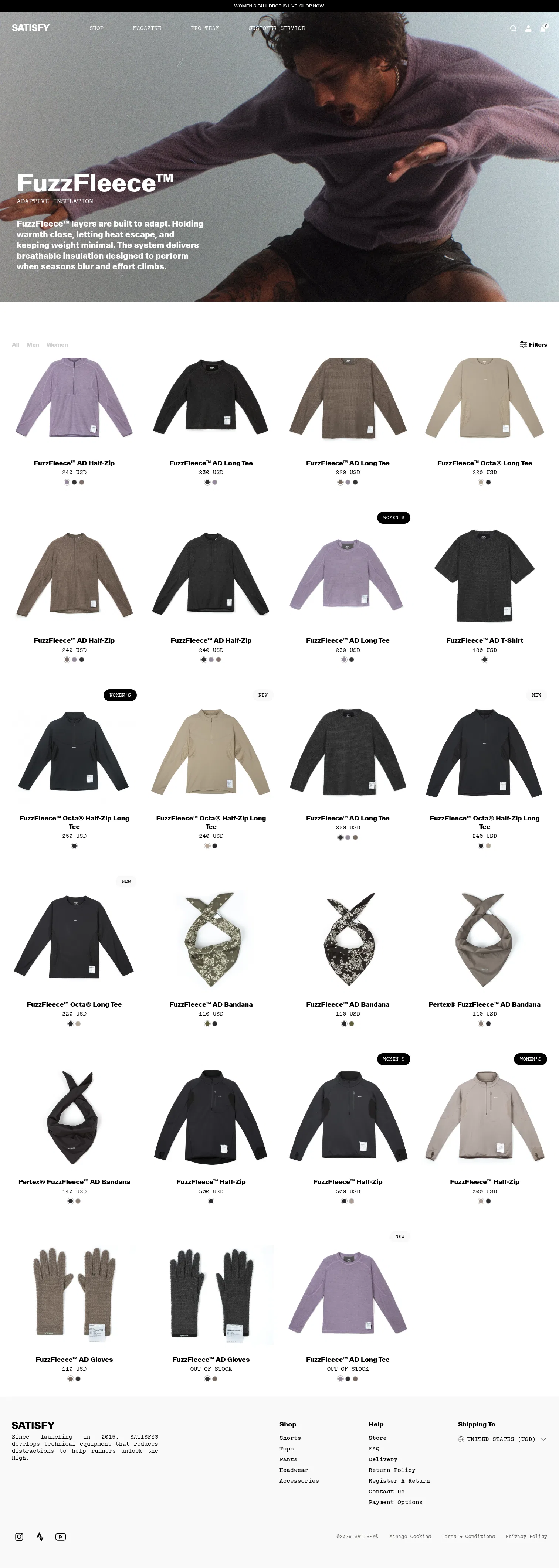 satisfyrunning.com/collections/fuzzfleece on desktop, full screenshot