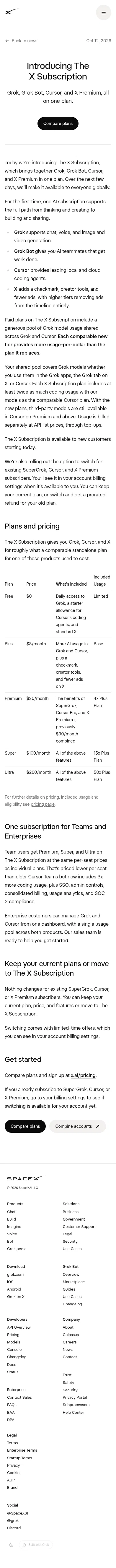 x.ai/news/x-subscription on mobile, full screenshot