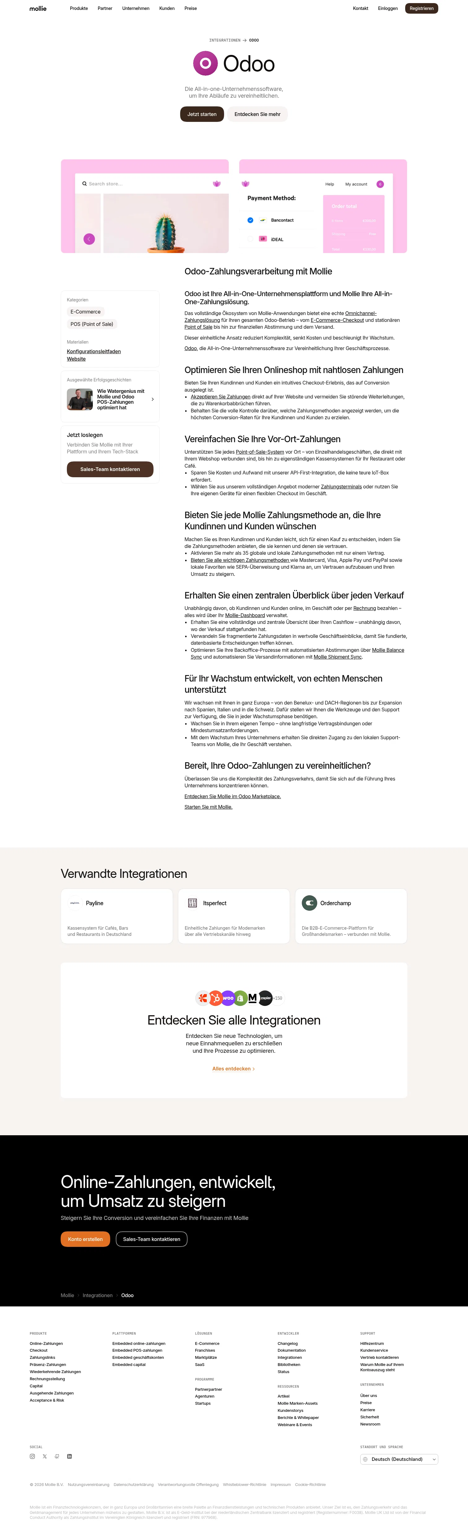 mollie.com/de/integrations/odoo on desktop, full screenshot