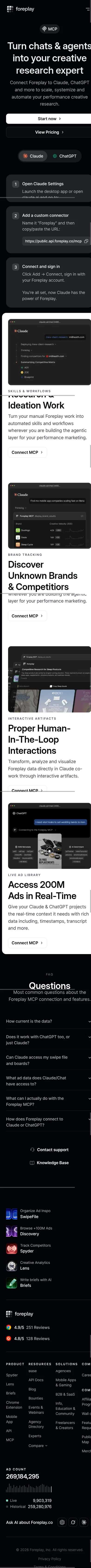 foreplay.co/mcp on mobile, full screenshot