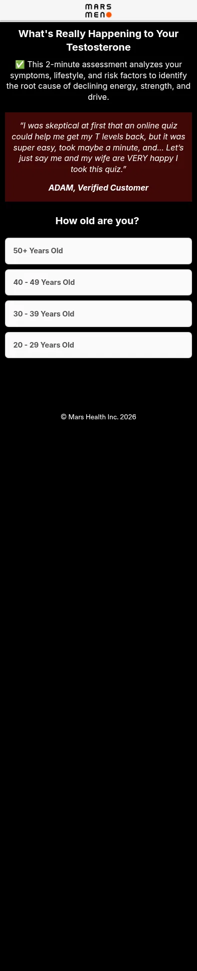 mengotomars.com/pages/quiz-long-v2 on mobile, full screenshot