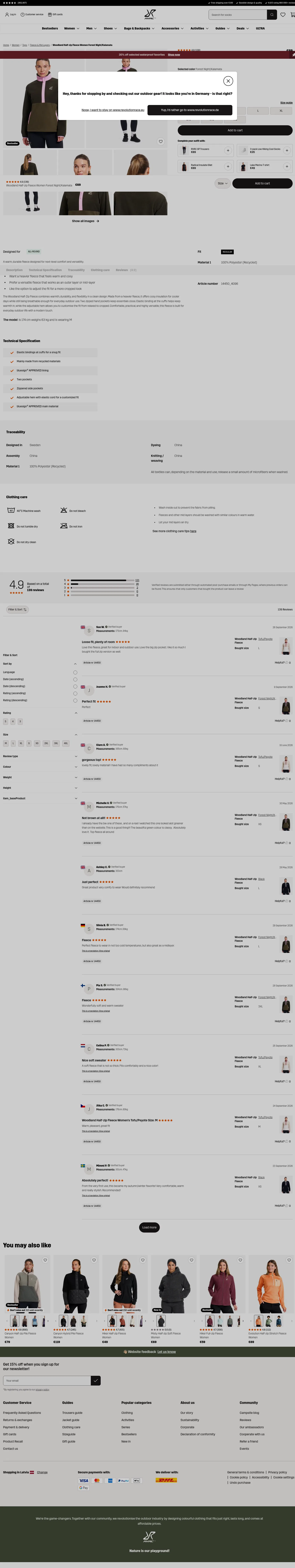 revolutionrace.eu/women/tops/fleece/woodland-half-zip-fleece-women on desktop, full screenshot