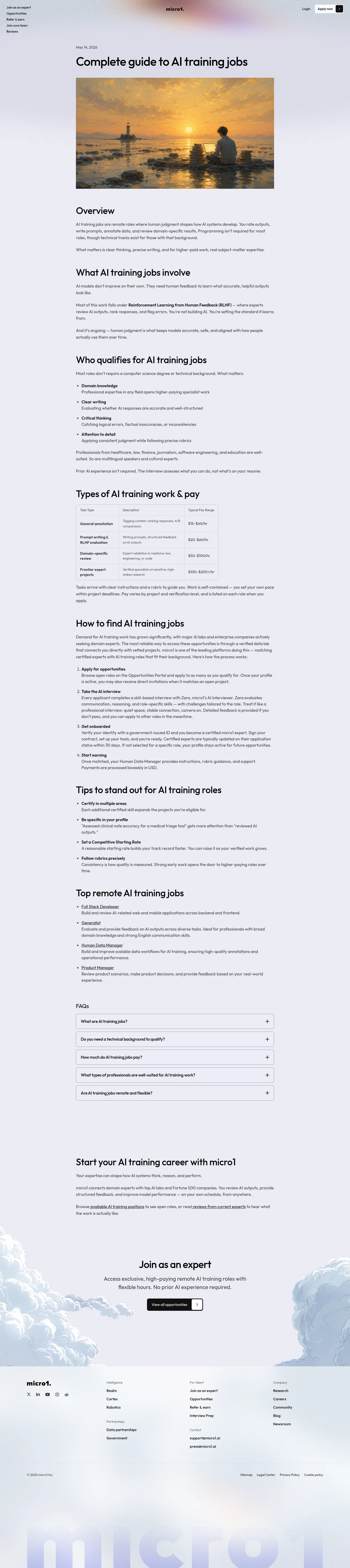micro1.ai/experts-guide/complete-guide-to-ai-training-jobs on desktop, full screenshot