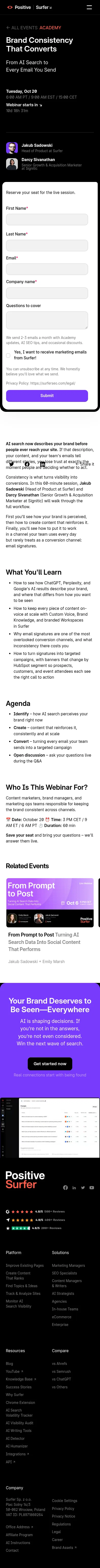 surferseo.com/events/brand-consistency-that-converts on mobile, full screenshot