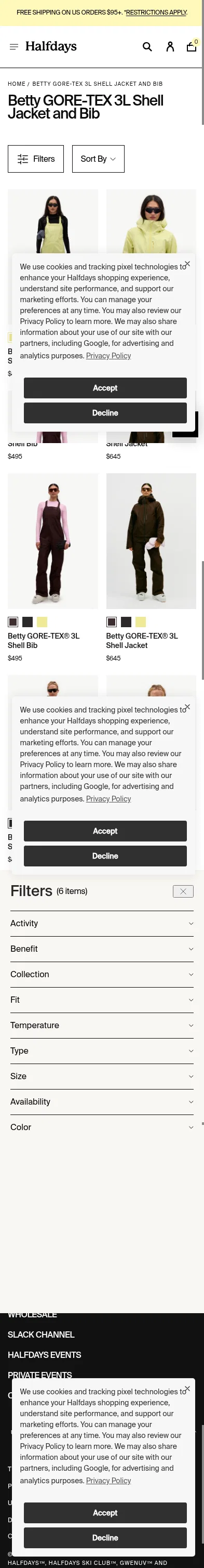 halfdays.com/collections/betty-gore-tex-3l-shell-jacket-and-snow-bib on mobile, full screenshot