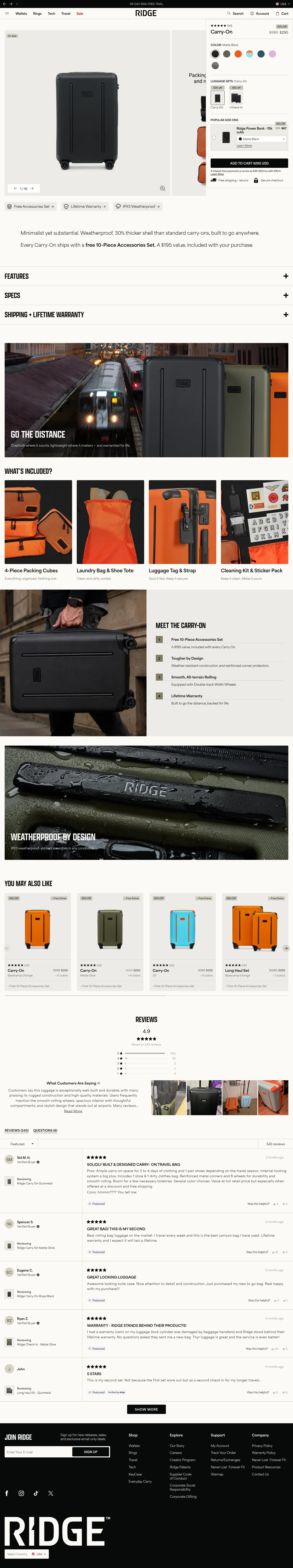 ridge.com/products/carry-on-matte-black on desktop, full screenshot