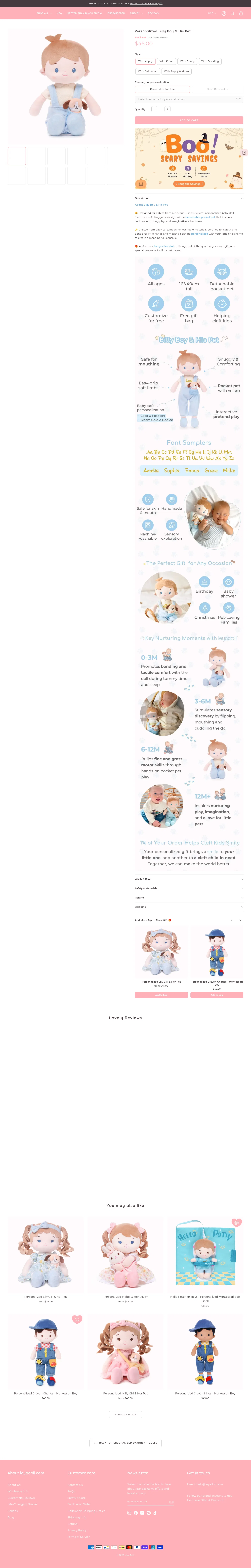 leyadoll.com/collections/personalized-daydream-girls-for-babies-children/products/personalized-billy-boy-his-pet on desktop, full screenshot