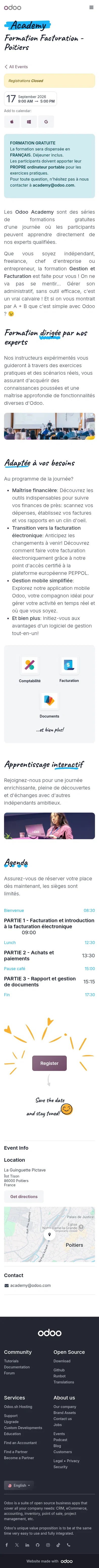 odoo.com/event/formation-facturation-poitiers-11812/register on mobile, full screenshot