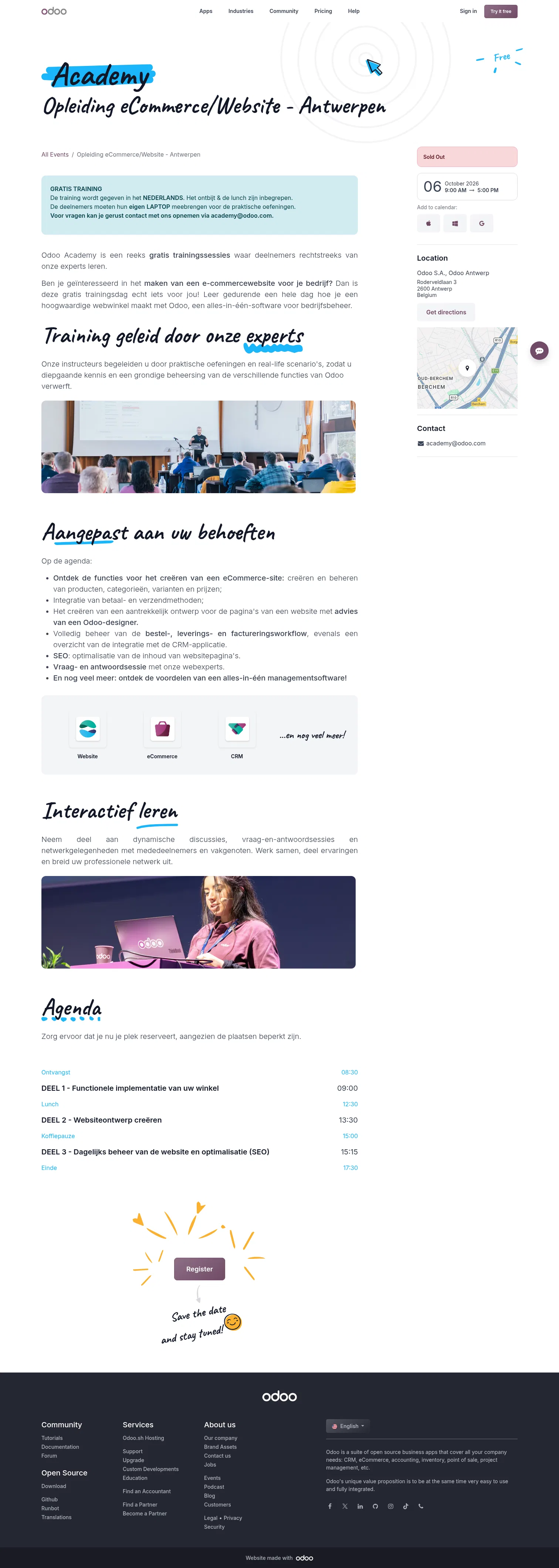 odoo.com/event/opleiding-ecommerce-website-antwerpen-11949/register on desktop, full screenshot