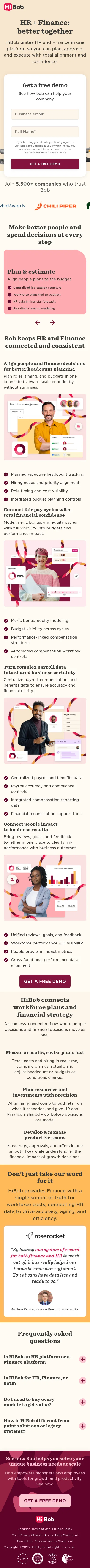 hibob.com/lp/hr-finance on mobile, full screenshot