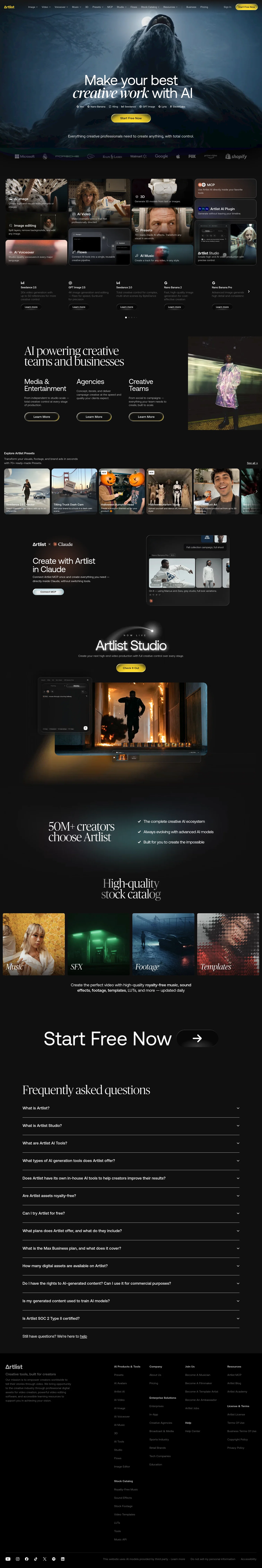 Artlist landing page