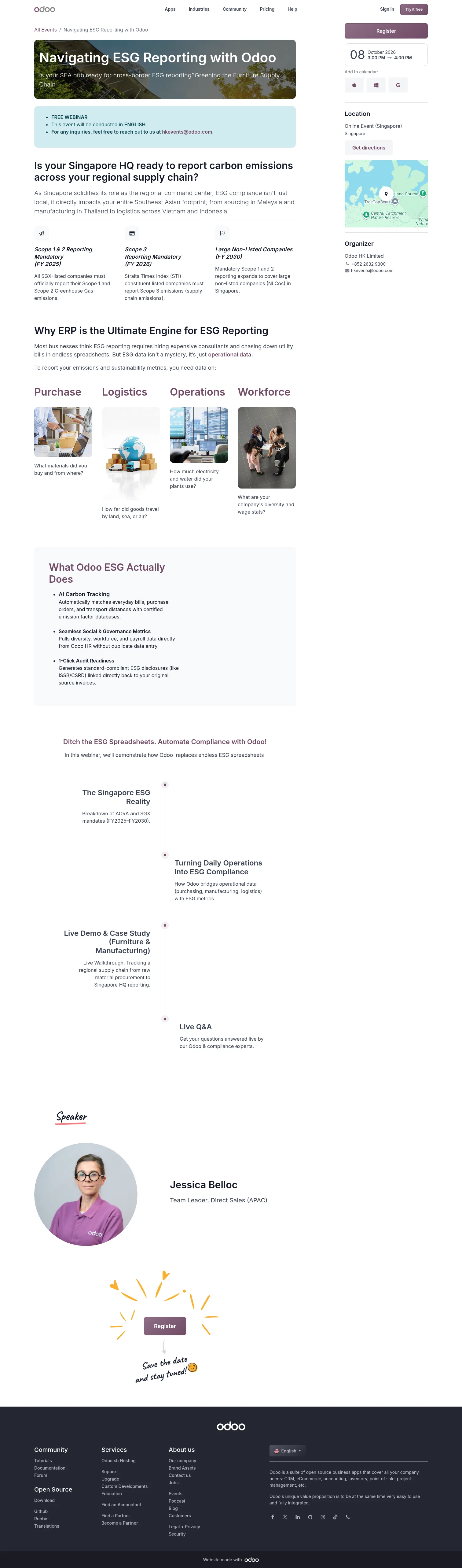 odoo.com/event/odoo-webinar-esg-for-sea-company-12260/register on desktop, full screenshot