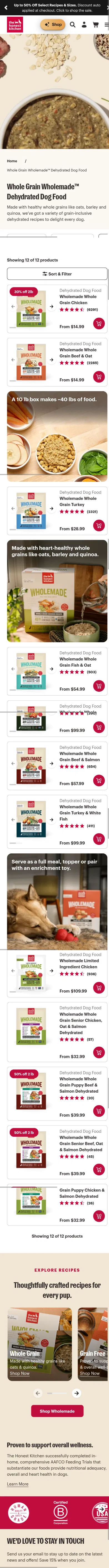 thehonestkitchen.com/collections/shop-whole-grain-dehydrated-dog-food on mobile, full screenshot