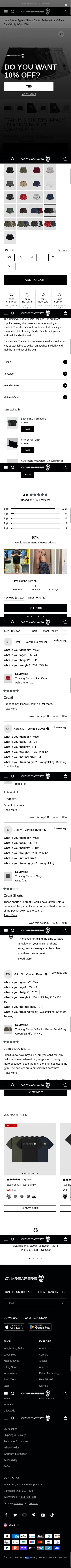 gymreapers.com/products/training-shorts-3-pack-black-midnight-camo-slate on mobile, full screenshot