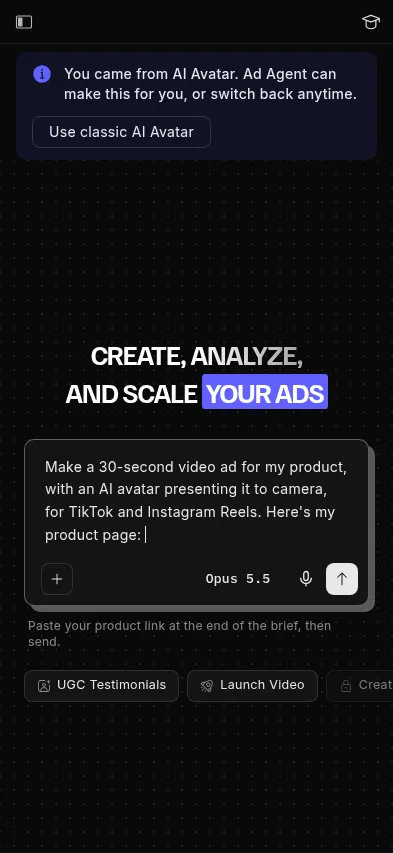 app.creatify.ai/tool/ai-avatar on mobile, full screenshot