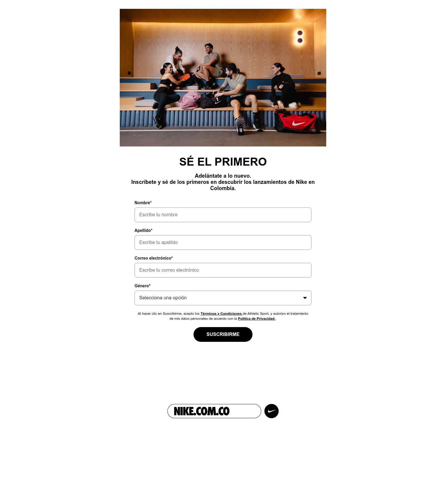 cloud.nikecolombia.co/Newsletter_Nike_Colombia on desktop, full screenshot