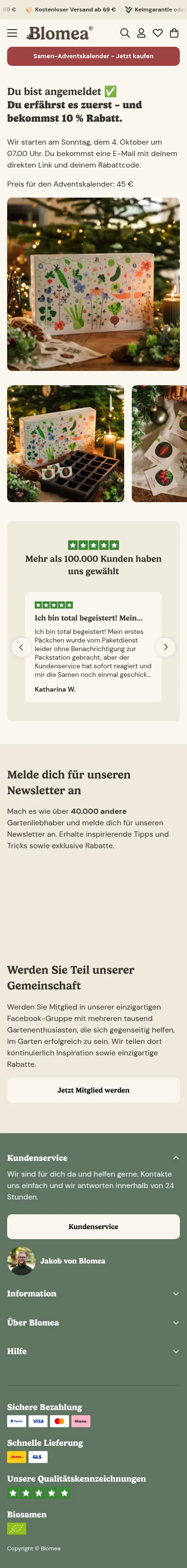 blomea.de/pages/registered on mobile, full screenshot