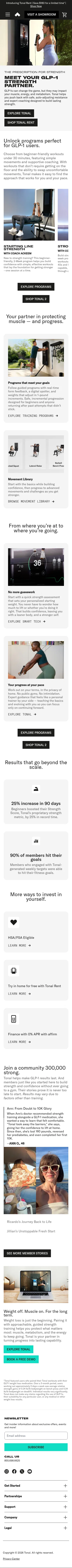tonal.com/pages/strength-training-glp-1 on mobile, full screenshot