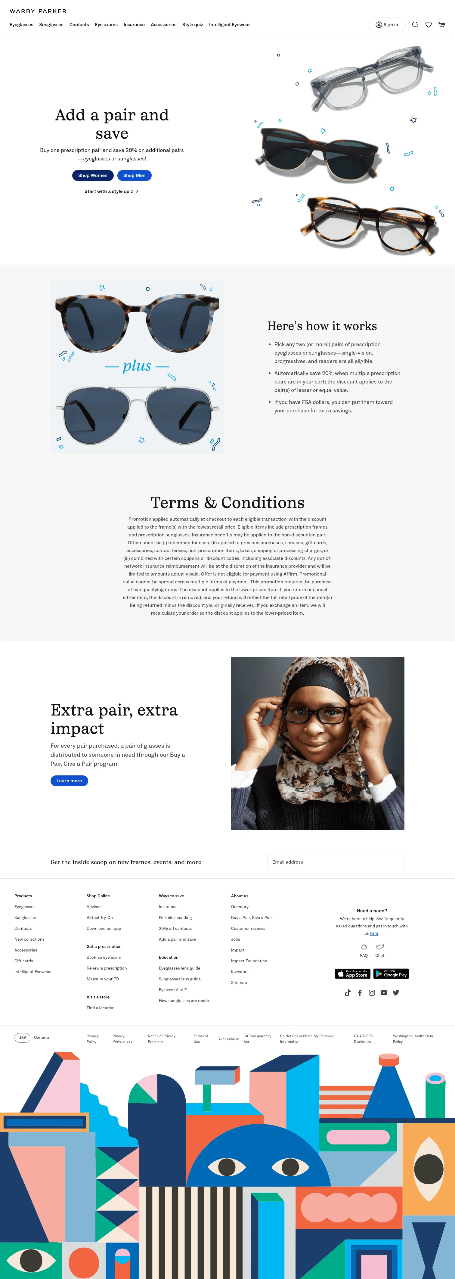 warbyparker.com/add-a-pair-and-save on desktop, full screenshot