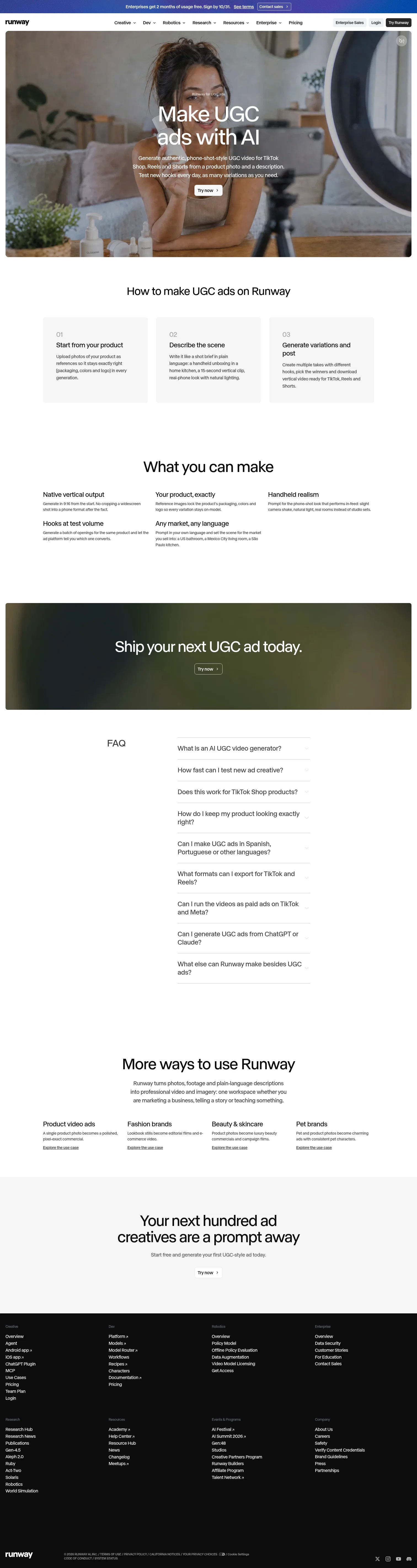 runway.com/use-cases/ugc-ads on desktop