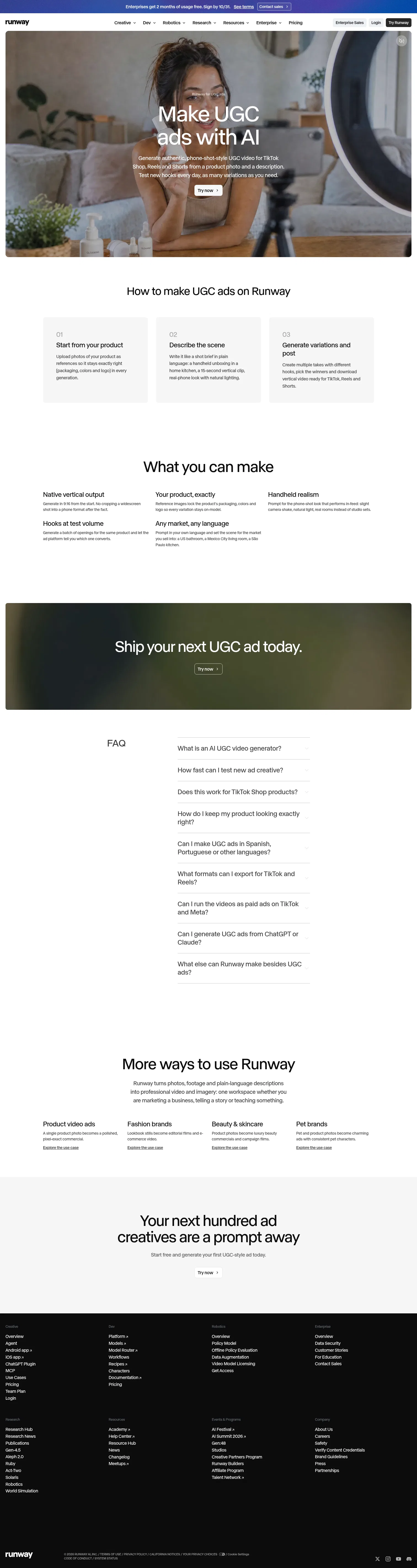 runway.com/use-cases/ugc-ads on desktop, full screenshot