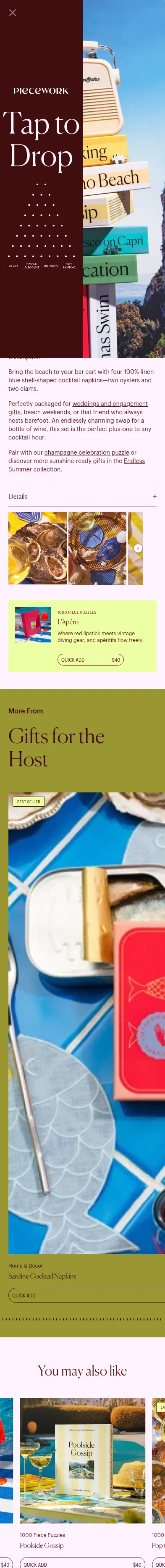 pieceworkpuzzles.com/products/shell-cocktail-napkins-set-of-4 on mobile, full screenshot