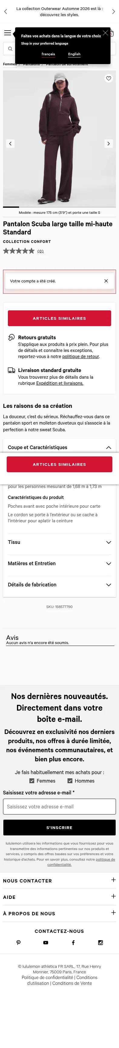 lululemon.fr/fr-fr/p/pantalon-scuba-large-taille-mi-haute-standard/158577790.html on mobile, full screenshot