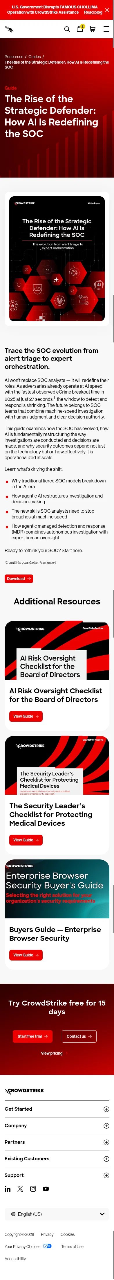 crowdstrike.com/en-us/resources/guides/rise-of-the-strategic-defender-how-ai-is-redefining-the-soc on mobile, full screenshot