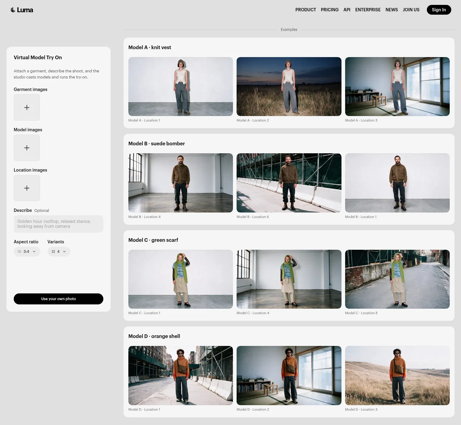 app.lumalabs.ai/solutions/virtual-model-try-on on desktop, full screenshot