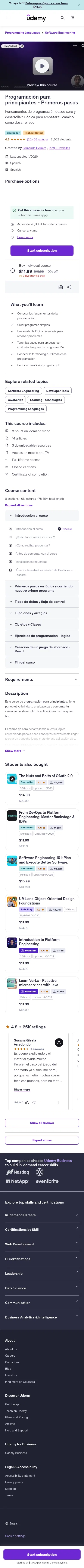 udemy.com/course/programacion-para-principiantes on mobile, full screenshot