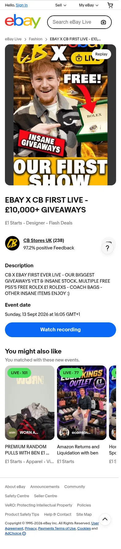 ebay.co.uk/ebayLive/events/RSpUEwx3LuFumUzy on mobile, full screenshot