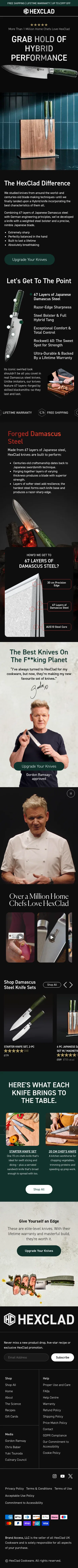 hexclad.co.uk/pages/premium-knives on mobile, full screenshot