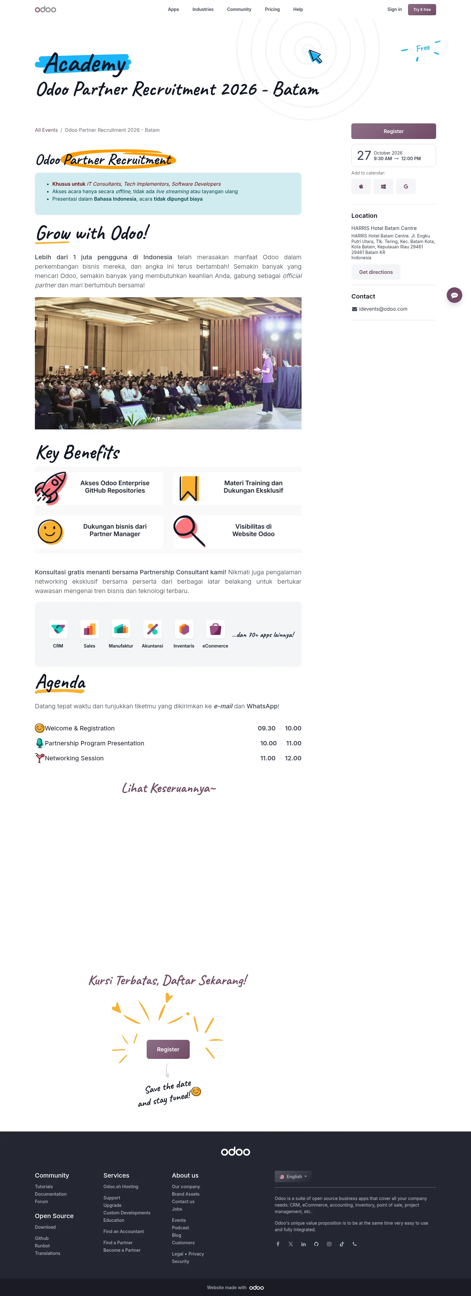 odoo.com/event/odoo-partner-recruitment-2026-batam-12435/register on desktop, full screenshot