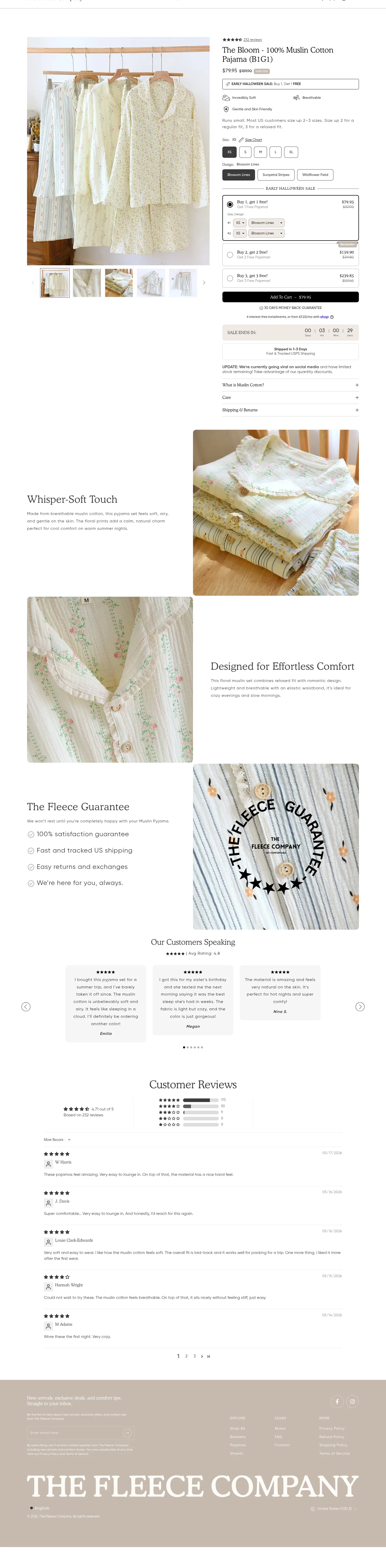 thefleececompany.com/products/the-muslin-cotton-pyjama-1 on desktop, full screenshot