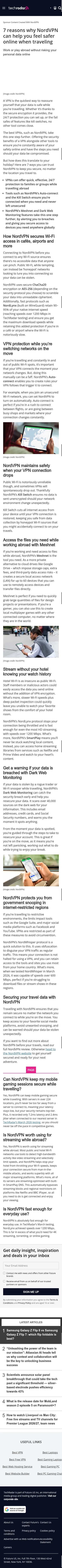 techradar.com/vpn/vpn-services/7-reasons-why-nordvpn-can-help-you-feel-safer-online-when-traveling on mobile, full screenshot