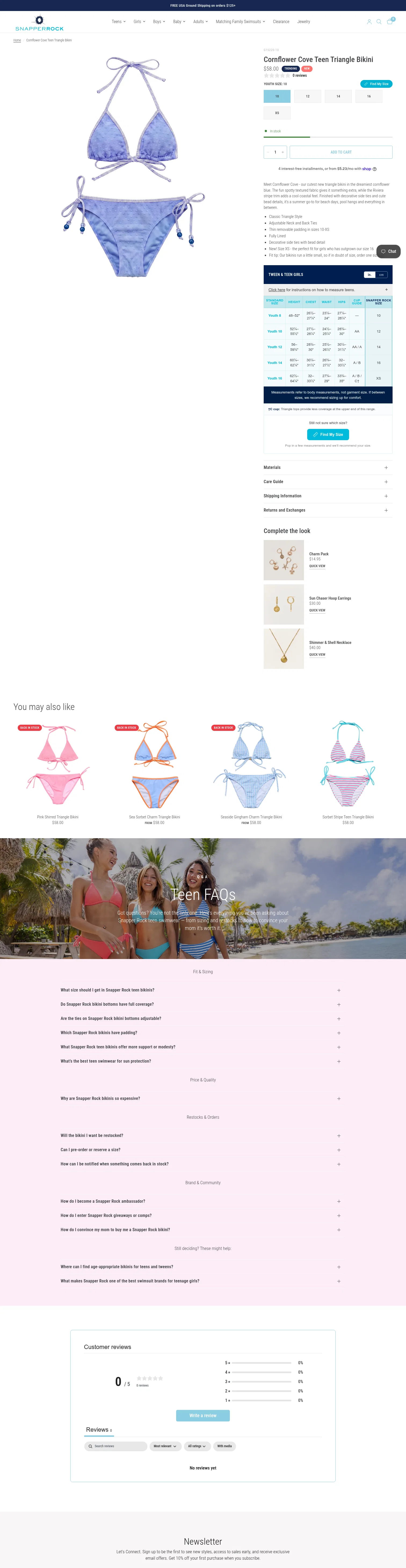 snapperrock.com/products/cornflower-cove-teen-triangle-bikini on desktop, full screenshot