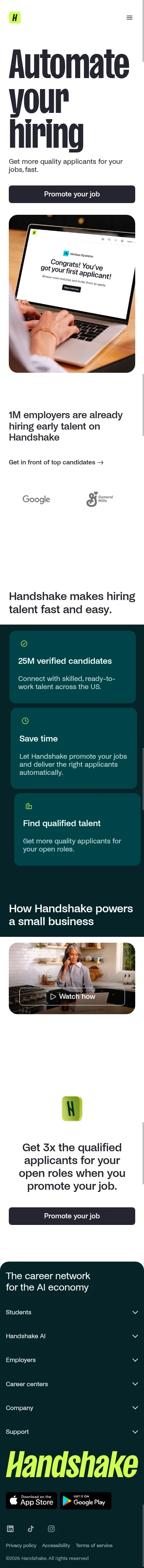 joinhandshake.com/employers/boost-your-job on mobile, full screenshot