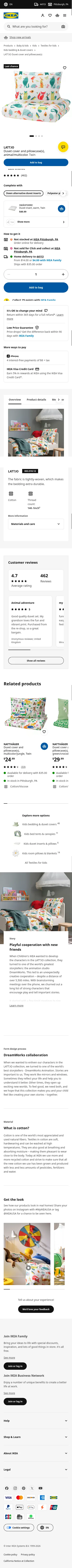 ikea.com/us/en/p/lattjo-duvet-cover-and-pillowcase-s-animal-multicolor-00351012 on mobile, full screenshot