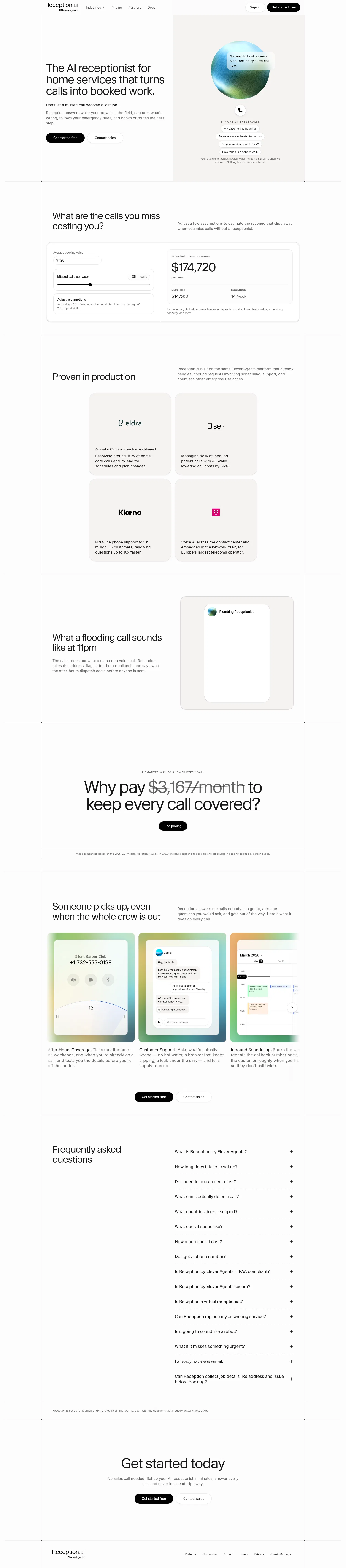reception.ai/home-services on desktop, full screenshot