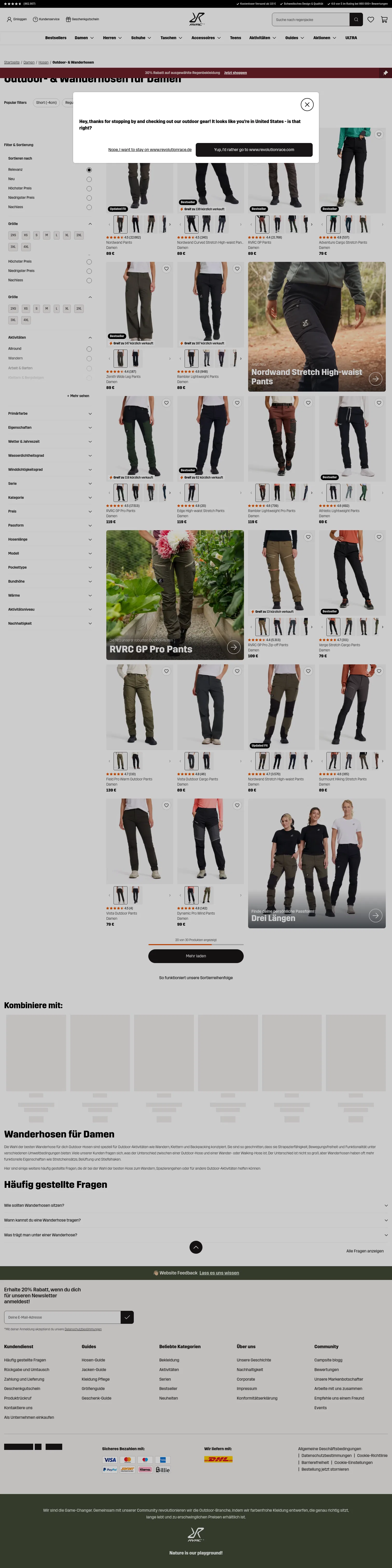 revolutionrace.de/damen/hosen/outdoor-wanderhosen on desktop, full screenshot